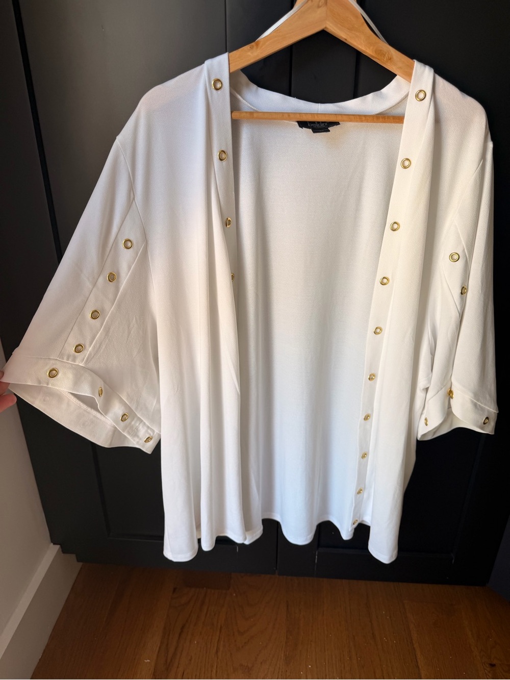 Belldini White Open Front Grommet Cardigan Sweater 2X Gold Stud Detail Stretch